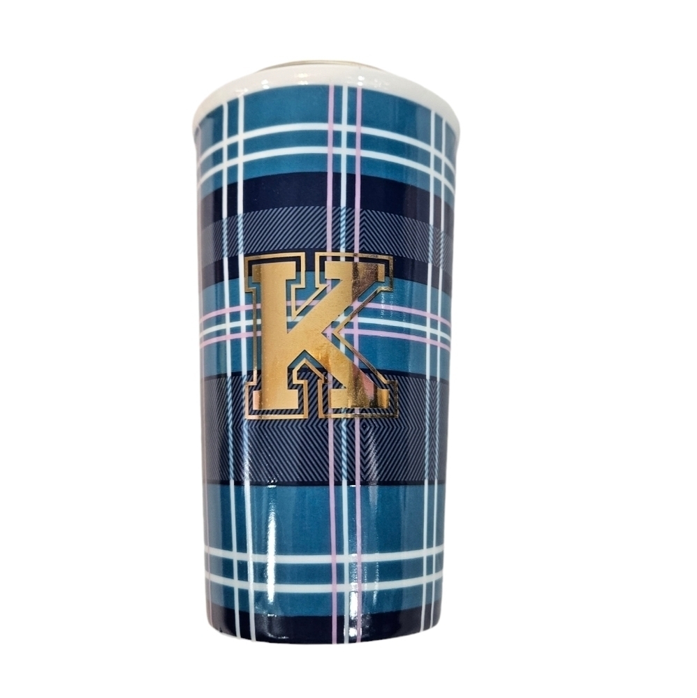 Charming Charlie Plaid Gold Monogramed K‎ Ceramic Travel Coffee Tumbler B31